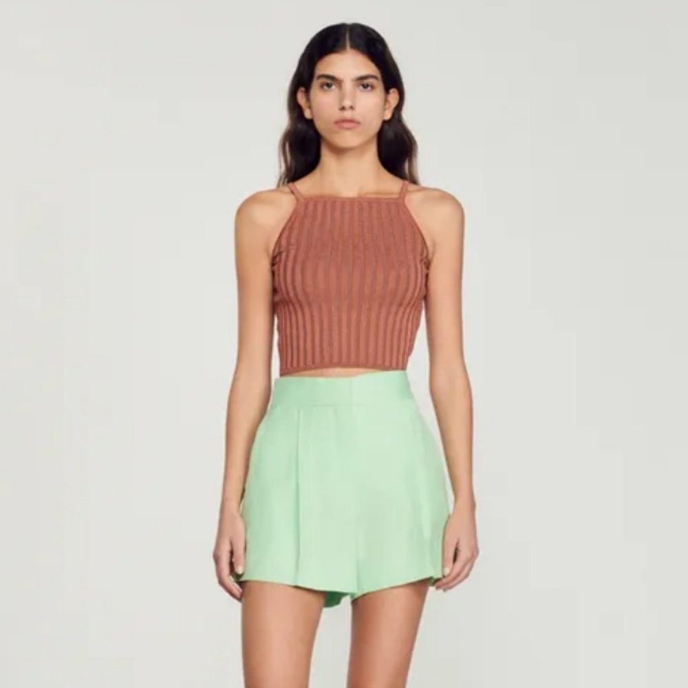SANDRO Laos Cropped Metallic Ribbed Tank Top Thin Straps Small